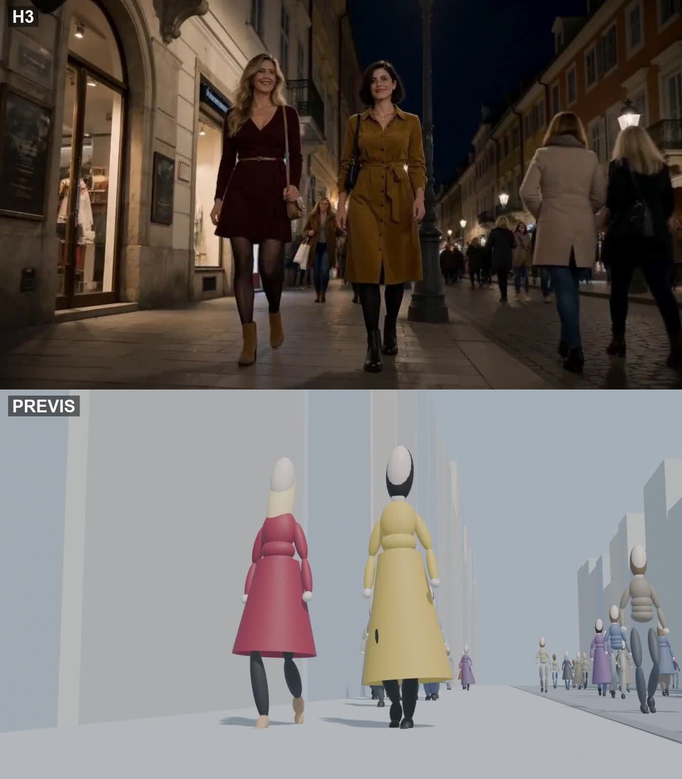 Person walking through the city at night: AI-generated footage on top, previz on the bottom