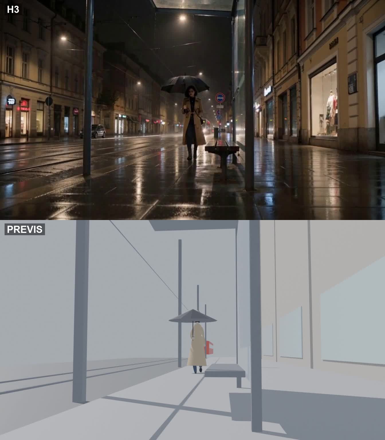 Rainy street and tram: AI-generated footage on top, previz on the bottom