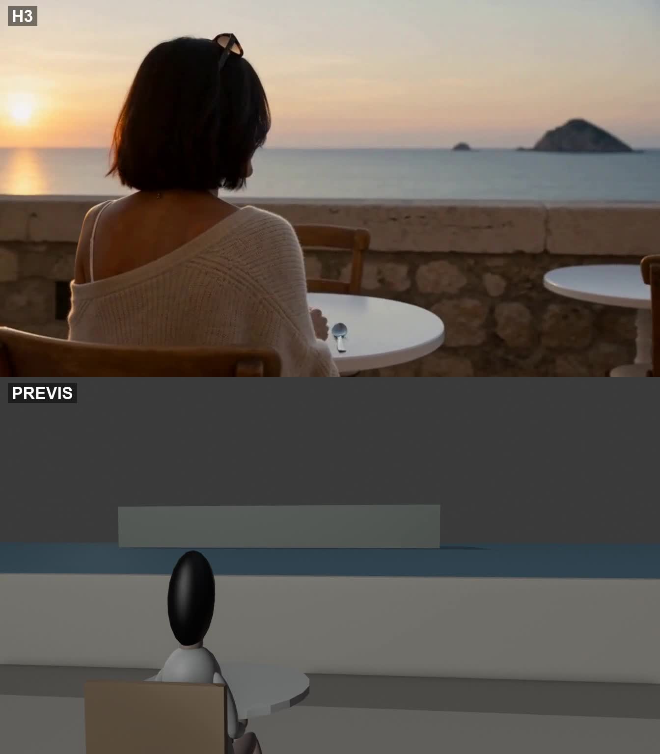 Seaside café: AI-generated footage on top, previz on the bottom