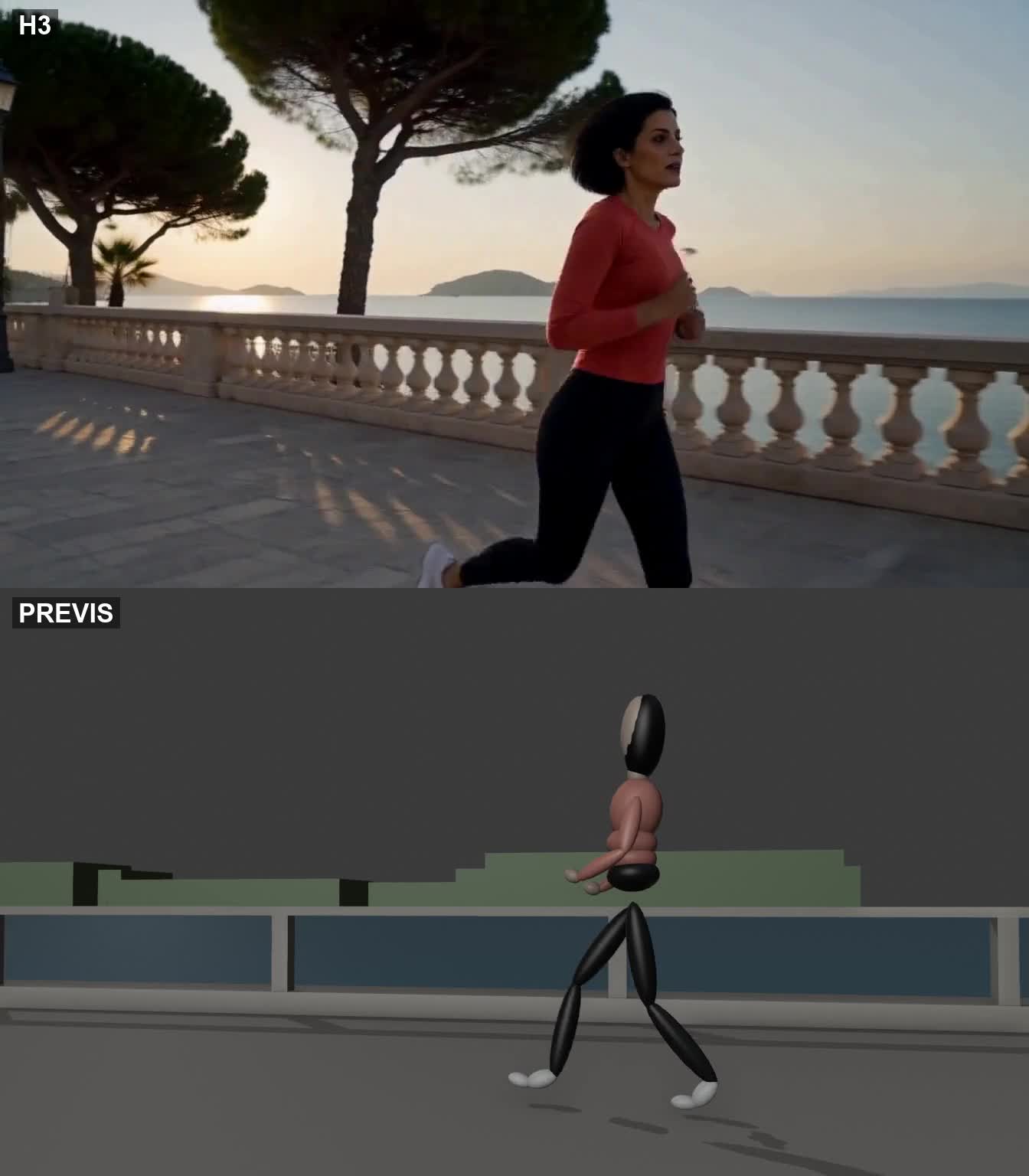 Running along the coast: AI-generated footage on top, previz on the bottom