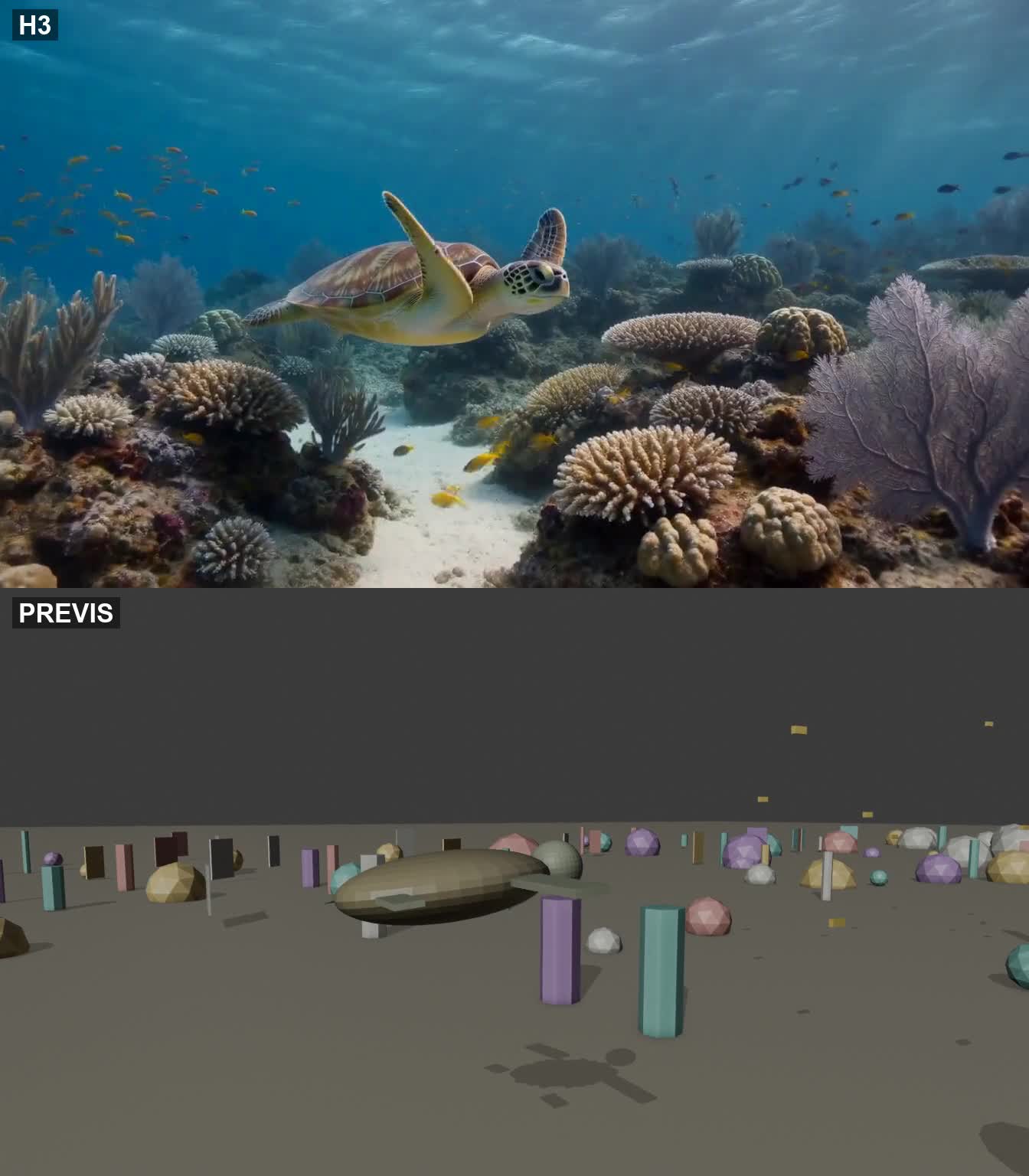 Sea turtle underwater: AI-generated footage on top, previz on the bottom